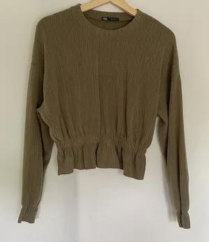 Zara cropped sweater crewneck cinched waist ruffle‎ detail casual comfortable S thumbnail 1