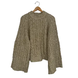 Free People Snow Bird Cable Knit Bell Sleeve Mock Neck Sweater Olive Green Large thumbnail 4