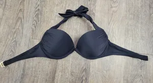 Victoria Secret Halter Bikini Swim Top 36B Solid Black Padded Push Up Bathing thumbnail 1