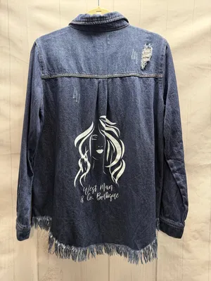 RISEN Dark Denim Distressed Snap Front Frayed Hem Jean Shirt Jacket Shacket thumbnail 4