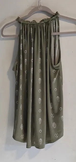 Ann Taylor Factory Olive Sleeveless Top with White Accents thumbnail 1