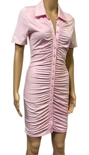 Source Unknown Pink Ruched Bodycon Full Button Front Short Sleeve Mini Dress Womens Small thumbnail 1