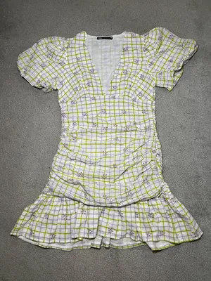 Zara Checkered Floral Print Draped Balloon Sleeve with Embroidered Eyelet Detail Mini Dress Size Small thumbnail 2
