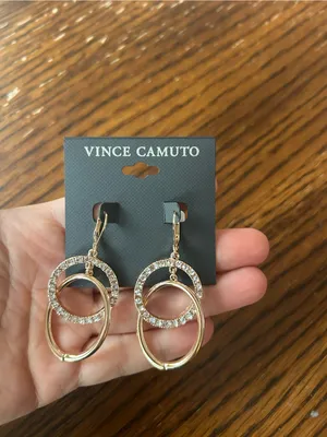 Vince Camuto Gold Crystal Double Hoop Drop Earrings thumbnail 2