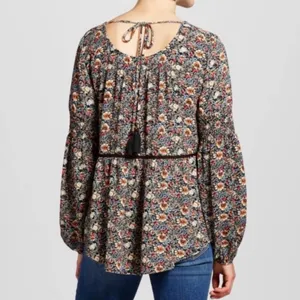 KNOX ROSE Smocked Floral Tie Back Top Black Etc Boho Long Sleeve Peasant Blouse thumbnail 5