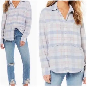Free People Pink Blue Loveland Plaid Raw Hem Oversized Button Down Shirt XS thumbnail 3