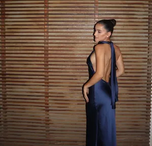 Zara maxi dress satin slip gown Elegant blue Halter formal party wedding prom thumbnail 12