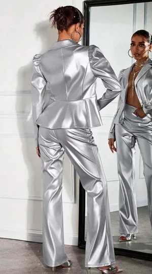 SXY 2pcs Women Silver PU Gigot Sleeve Blazer & Pants Suit For Party/Nightclub thumbnail 3