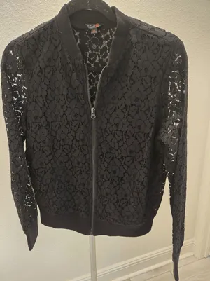 ​G By Guess Medium Black Floral Lace Full Zip Bomber Jacket Women Ribbed Trim thumbnail 1
