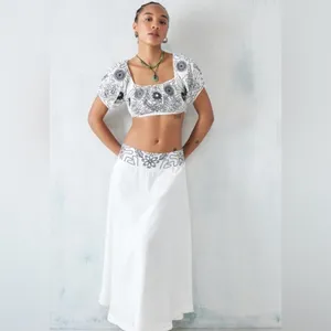 NWT Free People Lotus Set Embroidered Crop Top Maxi Skirt White & Black Size L thumbnail 3
