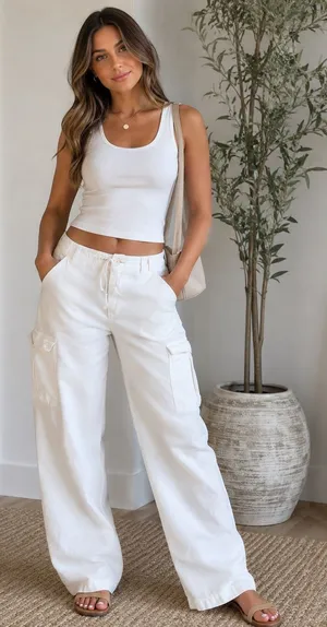 Streetwear Society White Linen Cargo Pants Wide Leg Y2K Drawstring size M thumbnail 1
