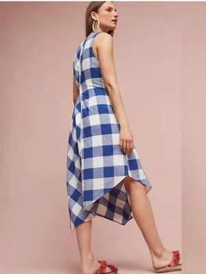 Maeve Anthro Blue White Checkered asymmetrical dress sleeveless Cotton Linen Sp thumbnail 3