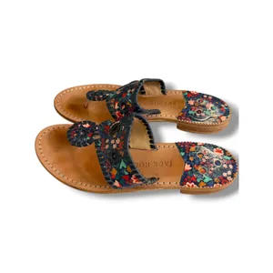 Jack Rogers Jacks Flat Sandals Navy Floral Leather Whipstitch Thong‎ Slide 9M thumbnail 5