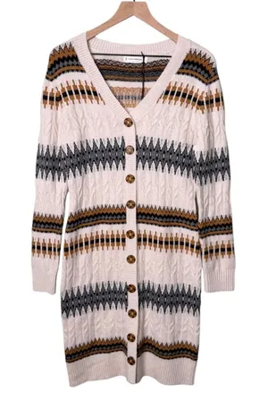 NWT Lucky Brand Fair Isle Nordic Stripe Button Front Sweater Dress Cream Large thumbnail 1