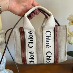 Chloé Mini Woody Tote White Brown Linen Canvas thumbnail 5
