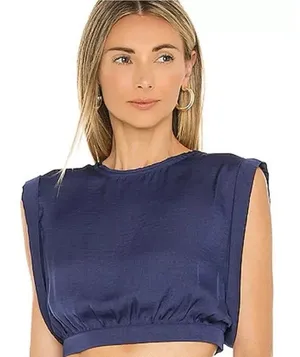 NEW Free People Silk Satin Remi Smokey Sapphire Cuffed Cap Sleeve Crop Top Sz L thumbnail 1