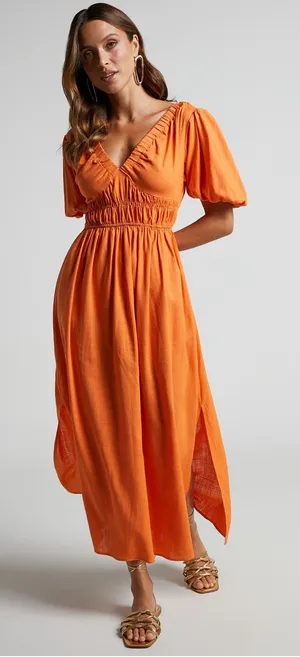Showpo Puff Sleeve Plunge Neck Dress In Orange thumbnail 1