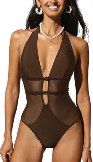 Cupshe Brown Deep V Halter One-Piece Swimsuit with Mesh Panels thumbnail 1