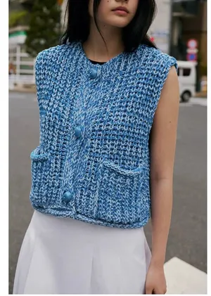 Zara Woman’s Loose Knit Blue Sweater Vest with Big Blue buttons, Sz L thumbnail 1