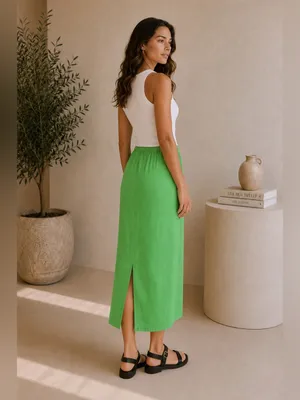 HYFVE Women’s Green Linen Blend Midi Skirt Drawstring Elastic Waist Flowy Casual thumbnail 4