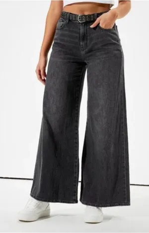 American Eagle Super High Rise Ultra Wide Leg Black Whiskering Fading Size 12R thumbnail 1