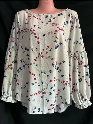 Ann Taylor White Floral Bell-Sleeve Blouse Red, Navy & Tan Print LG thumbnail 1