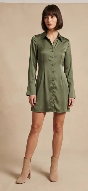 ABERCROMBIE & FITCH Olive Green Satin Button-Front Long Sleeve Mini Dress Sz XS thumbnail 1