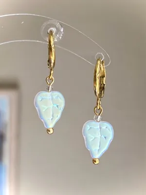 Handmade fairy cottage dainty simple Czech glass leaf dangle earrings🍃🩵 thumbnail 1