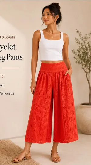 Anthropologie Coral Eyelet Wide Leg Cropped Pants Culottes Orange Red Size 0 thumbnail 1
