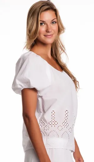VELVET White Eyelet Romantic Feminine Puff-Sleeve Blouse Peasant Top L thumbnail 1