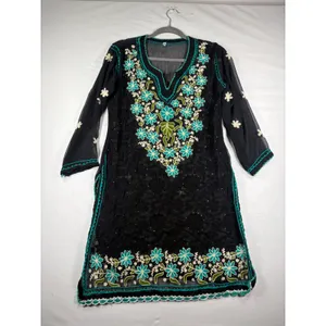 Boho‎ Floral Hand Embroidered Kurta Tunic Top Black Turquoise Scallop Trim M/L thumbnail 2