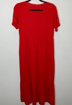 Red Babydoll Tiered Ruffle T Shirt Dress Pockets Sz Large? thumbnail 6