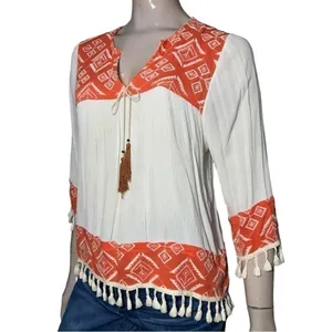 Misa Los Angeles Women’s Size M Cream Saffron Print Marcella Tassel Blouse Top thumbnail 4