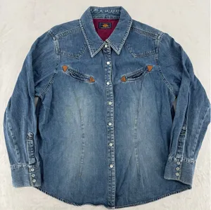 Vintage 90s Denim Western Shirt Pearl Snaps Route 66 Cowgirl Rodeo Country Large thumbnail 1