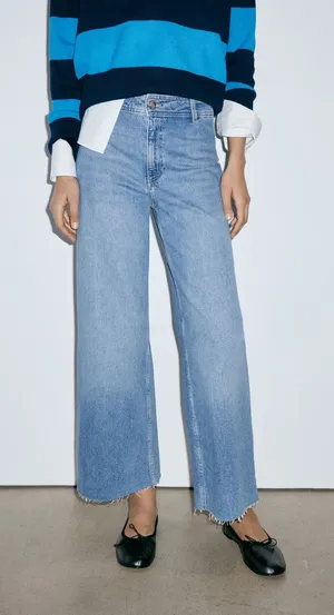 MNG Mango Catherine Culotte High Rise Wide Leg Raw Hem Jeans Blue Size 6 thumbnail 1