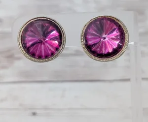 Vintage Clip On Earrings 7/8" Pink Gem with Halo Statement thumbnail 1