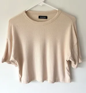 NAADAM Tan Ribbed Short Sleeve Top Cashmere Blend Slightly Cropped Loose Fit thumbnail 1