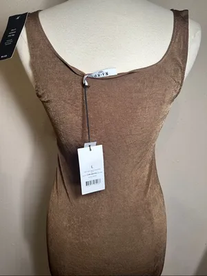 NA-KD Brown Shiny Sheen Square Neck Midi slip tank Dress women’s size Large NEW thumbnail 6
