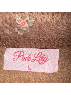 Pink Lily Floral Print Slit-Neck Sweatshirt Brown Size Large Long Sleeve thumbnail 2