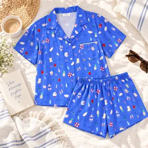 Way to Celebrate Summer Pajama Set XL 16-18 Blue Beach Print Short Sleeve Shorts thumbnail 3