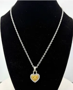 Silver Tone Round Link Chain Necklace Gold Tone Heart Charm Pendant Love thumbnail 1