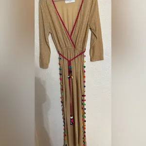 Pitusa Santorini Tan Maxi Dress with Pom Pom Trim petite size thumbnail 2