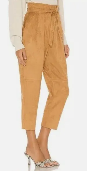Free People Camel Nightfall‎ Vegan Faux Suede Tie High-Waisted Paperbag Pants thumbnail 1
