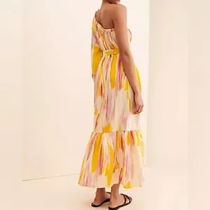 Anthropologie Little Lies Costa Rica One Shoulder Linen Pink Yellow Dress thumbnail 3