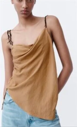 ZARA Asymmetric Handkerchief Beaded Blouse‎ Tan Small thumbnail 1