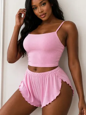 Women's Ribbed Pajama Set Pink 2 Piece Lounge Set Cami & Ruffle Shorts NWT thumbnail 5