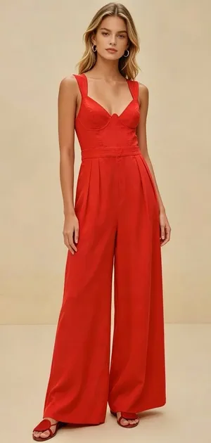 NWOT Farm Rio Red Linen Blend Wide-Leg Jumpsuit Size S thumbnail 1