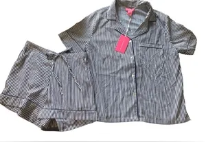 Isaac Mizrahi Navy Pinstripe 2Pc Pajama Set Sz Small Shorts Button Down SS Top thumbnail 1