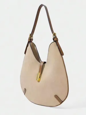 NEW faux leather round Light Taupe cream Crescent Shoulder Bag with Gold Accent thumbnail 3
