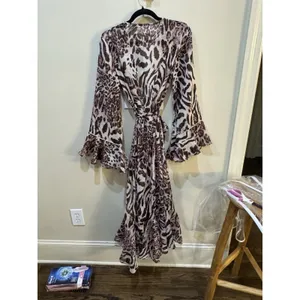 America & Beyond Womens Animal Print Rose Tan Ruffle Trim Robe Tie Kimono thumbnail 3